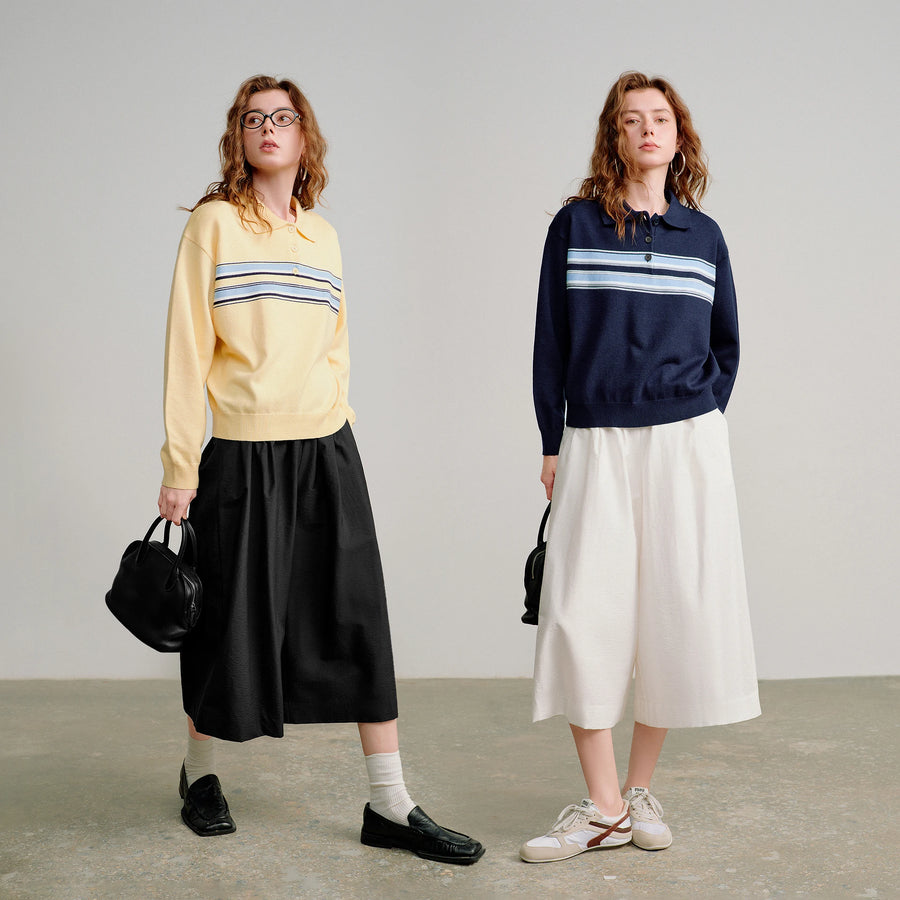 Polo de Tricô Feminina Listrada em Viscose com Botões