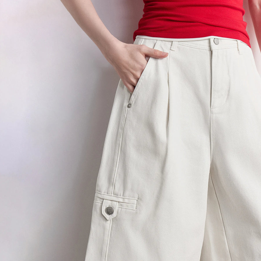 Bermuda Jeans Feminina Wide Leg com Bolsos