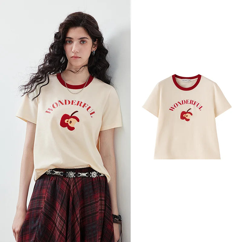 Camiseta Feminina Color Block de Liocel com Bordado Maçã