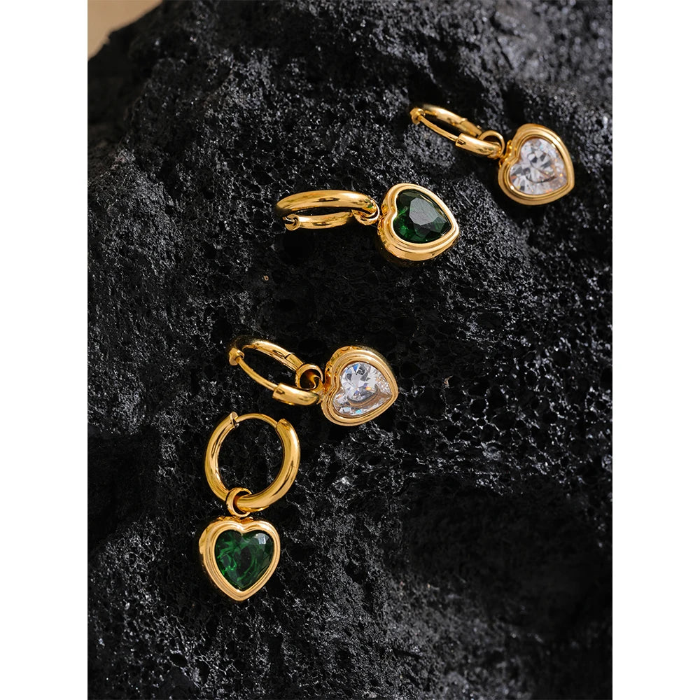 Yhpup Sweet Heart Drop Stainless Steel Cubic Zirconia Hoop Earrings for Women High Quality 18K Gold Color Plated Fashion Jewelry