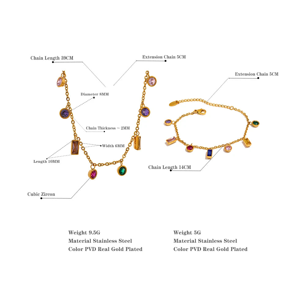 Conjunto Colar e Pulseira Gota com Zircônias Coloridas em Aço Inoxidável