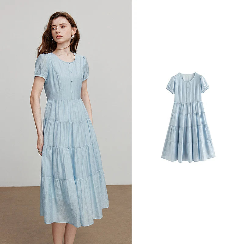 Vestido Jeans Midi com Manga Bufante