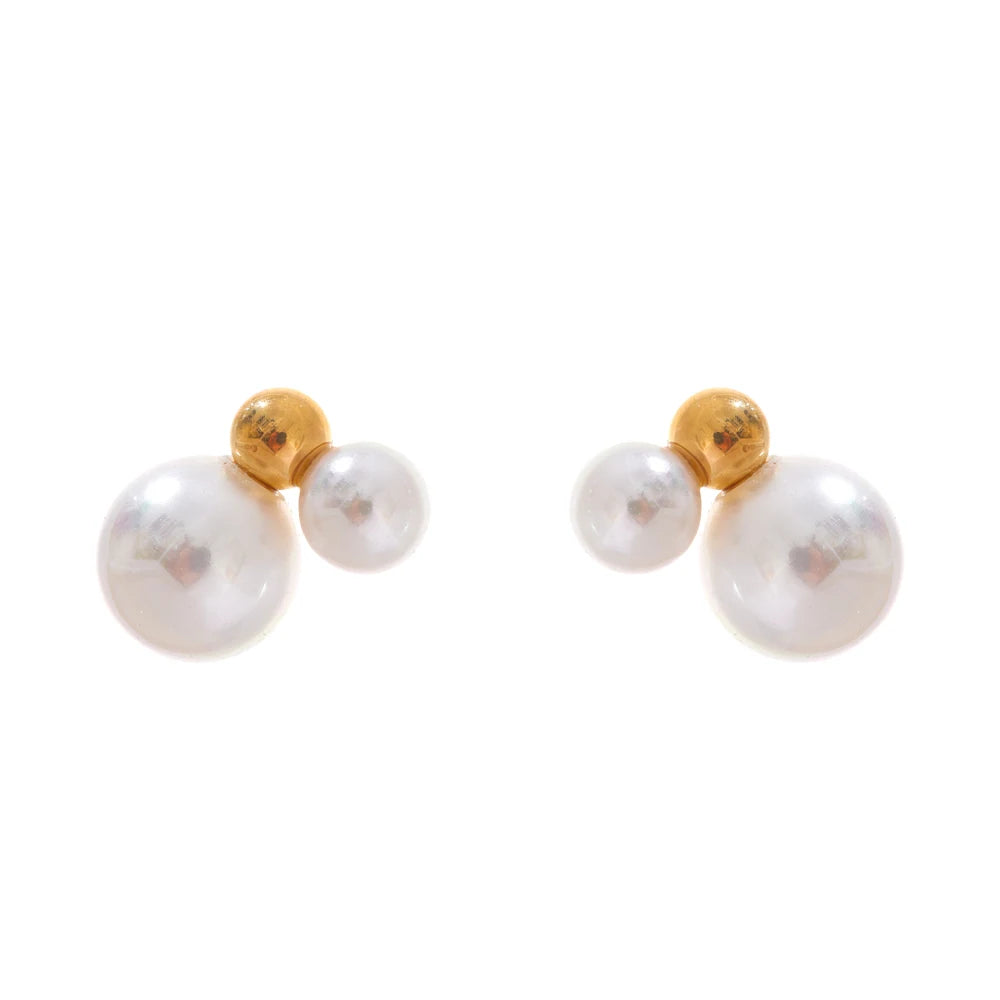 Yhpup Korean Style Imitation Pearls Round Stud Earrings Charm Stainless Steel Small Golden Daily Jewelry Gold Platinum Plated