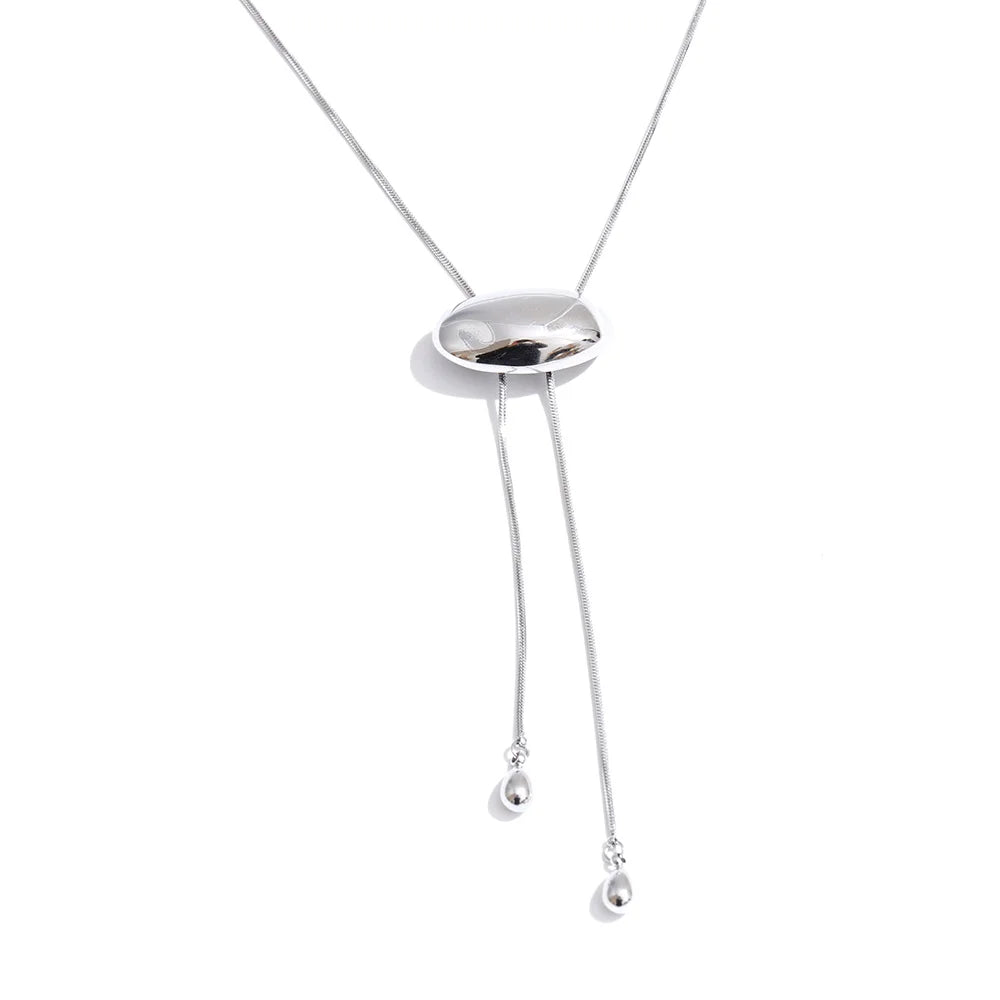 Yhpup 70cm Sweater Chain Jewelry Stainless Steel Oval Geometric Drop Stretchable Necklace for Women Minimalist Charm PVD Jewelry YH2105A Platinum