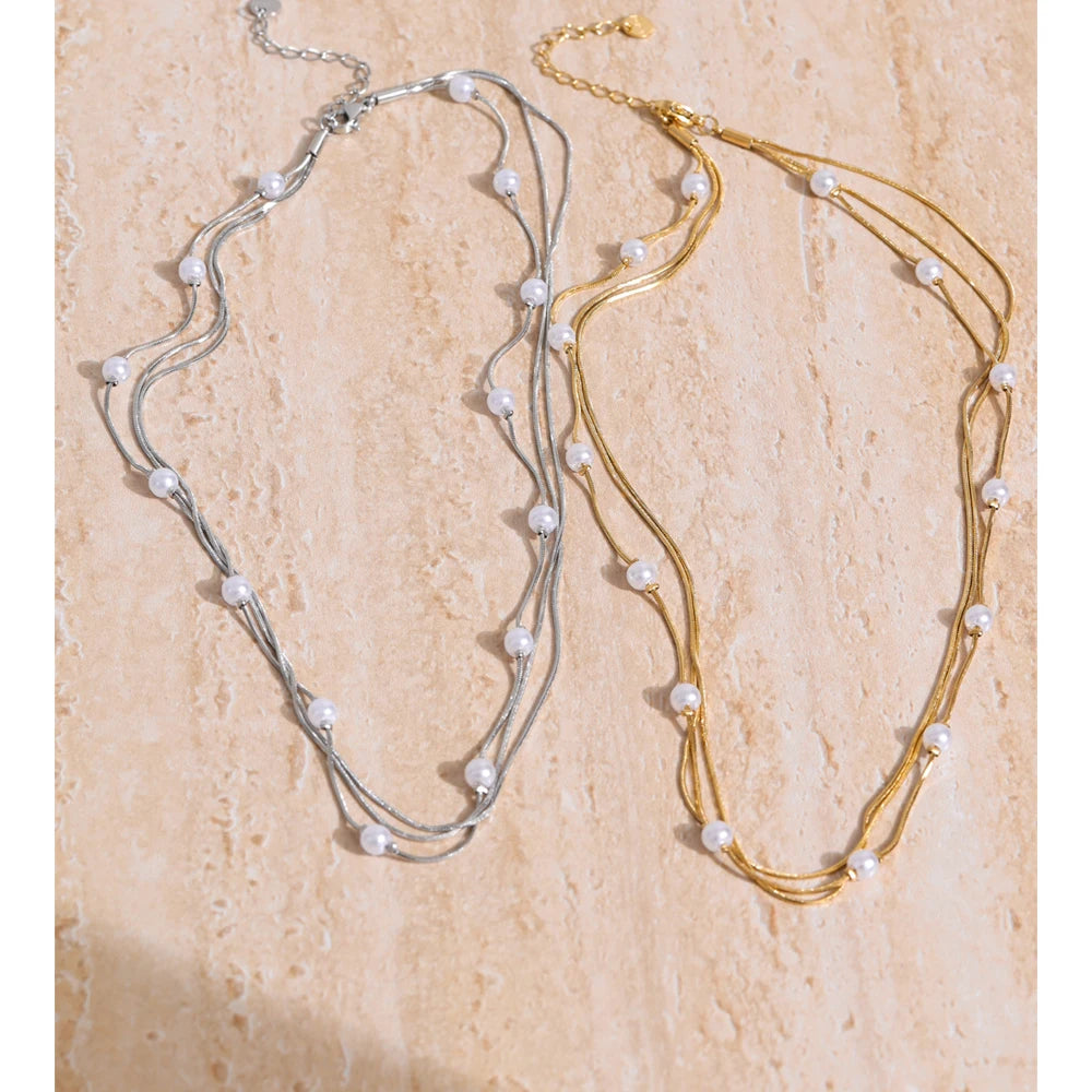 Colar Feminino de Camadas Quadrado com Pérola em Aço Inoxidável