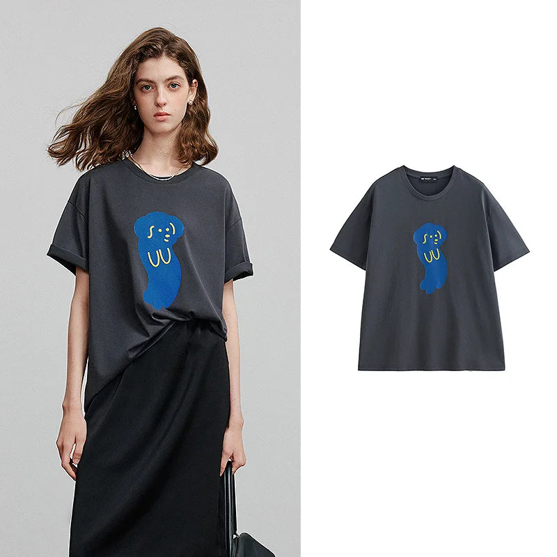 Camiseta Feminina de Algodão com Bordado Cartoon
