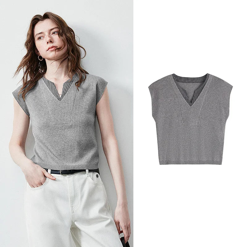 Blusa Feminina de Liocel Listrada Efeito Duas Peças Cropped