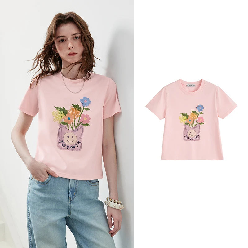 Camiseta Feminina de Algodão Slim com Estampa Floral