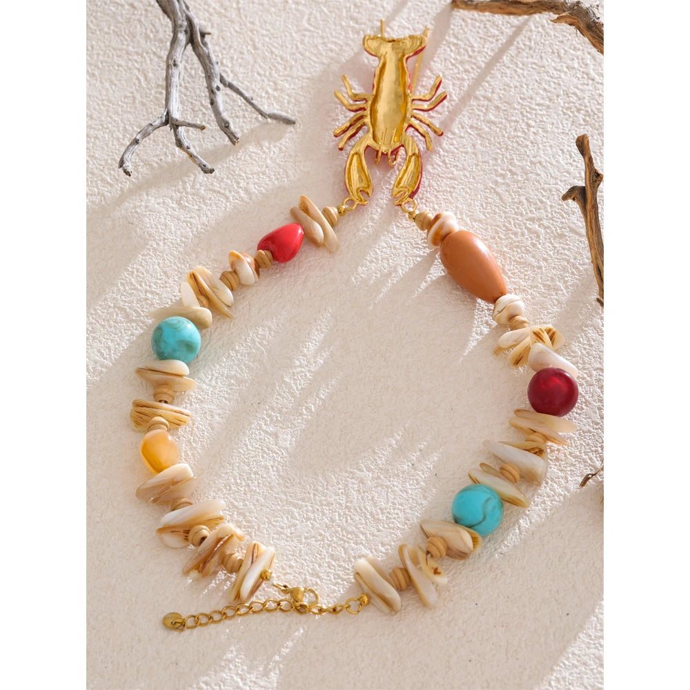 Yhpup Attractive Unique Ocean Shell Stone Handmade Lobster Crayfish Pendant Necklace Summer Charm Collar Statement PVD Jewelry