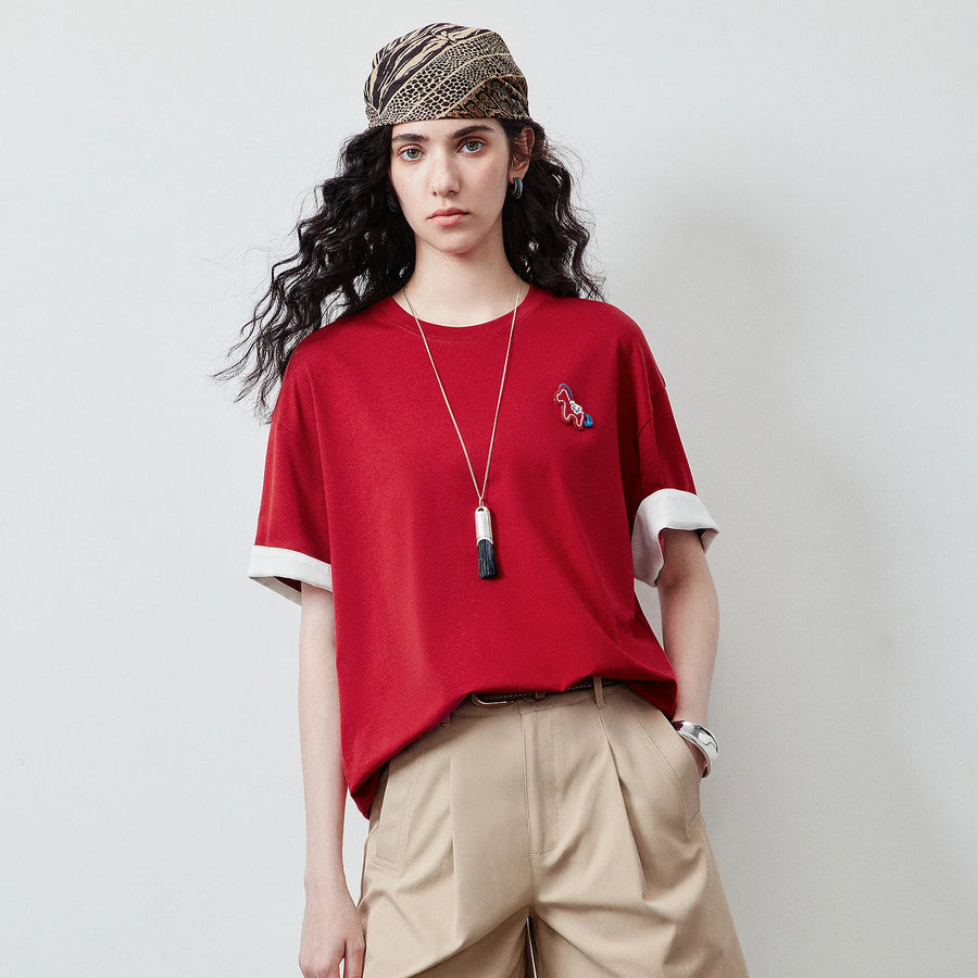 TOYOUTH Women's T Shirt 2026 Summer New Color Blocking Patchwork Short Sleeve Lyocell Pony Print Soft Unique Niche Top