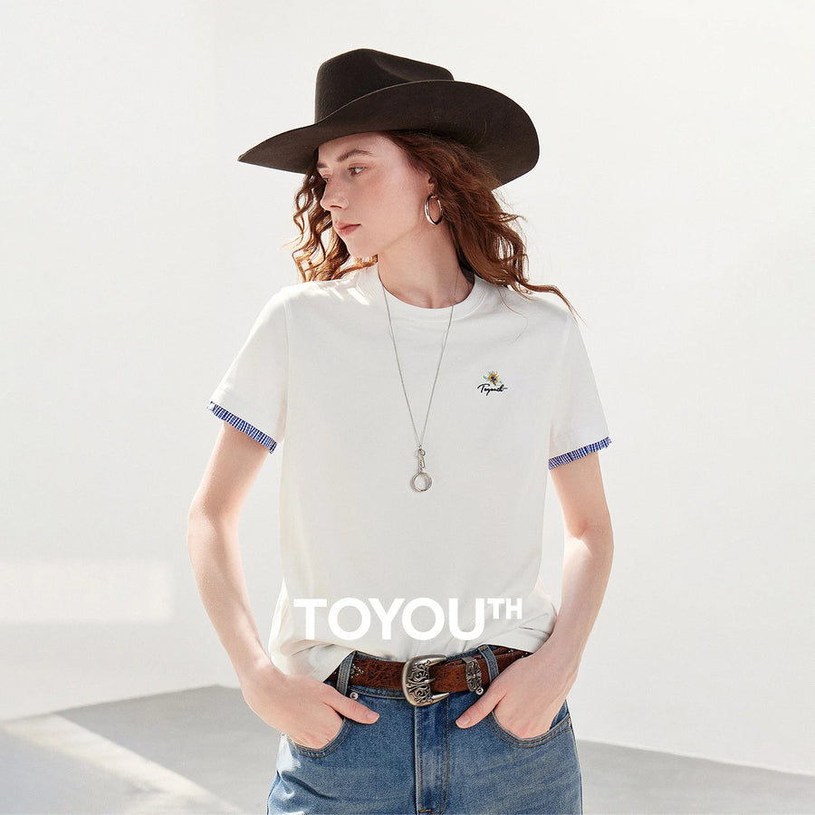 TOYOUTH x Houhou Women's Flower Embroidery Plaid T-Shirt 2026 Summer New Patchwork Crew Neck Cotton Tee
