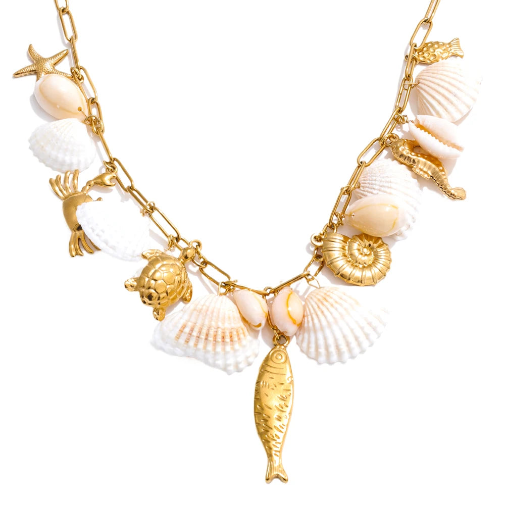 Yhpup Ocean Style Shell Conch Fish Pendant Charm Necklace Summer Stainless Steel Holiday Beach Wear Handmade Jewelry Waterproof YH211A Necklace