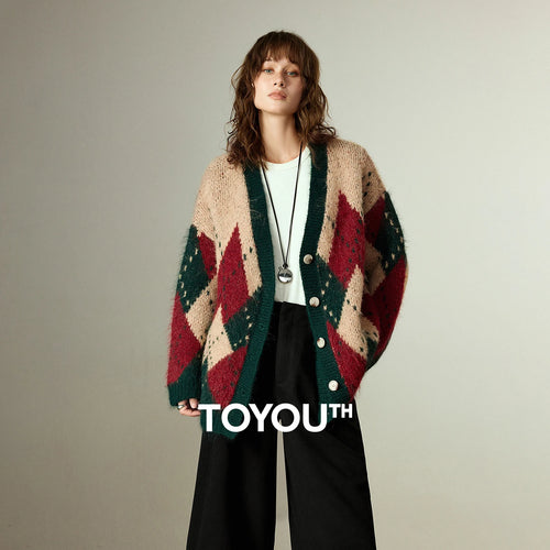 Cardigan Feminino de Tricô Argyle Nórdico com Decote V