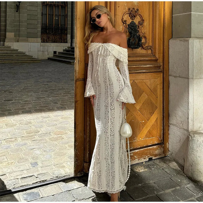 Women's Elegant Lace Up Flared Sleeve Long Dress Fashion Hollow Out Off Shoulder Bodycon Vestidos 2024 Lady New Beach Partywear
