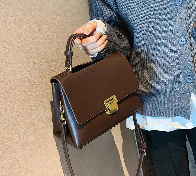 Bolsa Transversal Feminina de Couro PU Vintage com Fecho Dourado