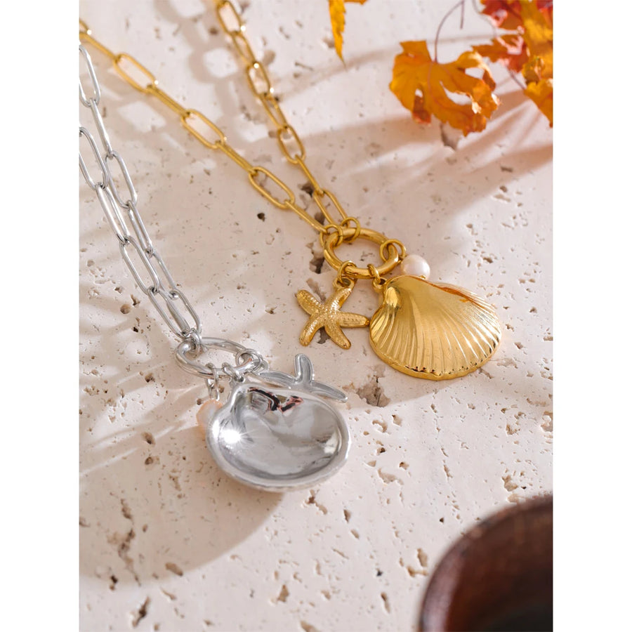 Yhpup Ocean Style Starfish Shell Natural Pearl Pendant Necklace Stainless Steel Summer Beach Fashion Jewelry Accessories Gift