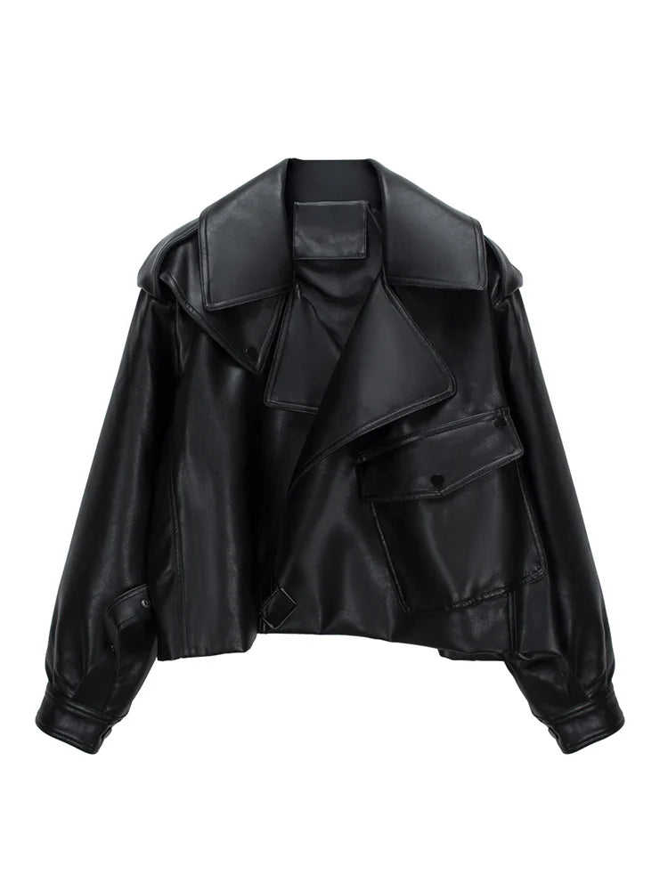 Jaqueta Biker em Couro Sintético com Cinto e Bolsos Black