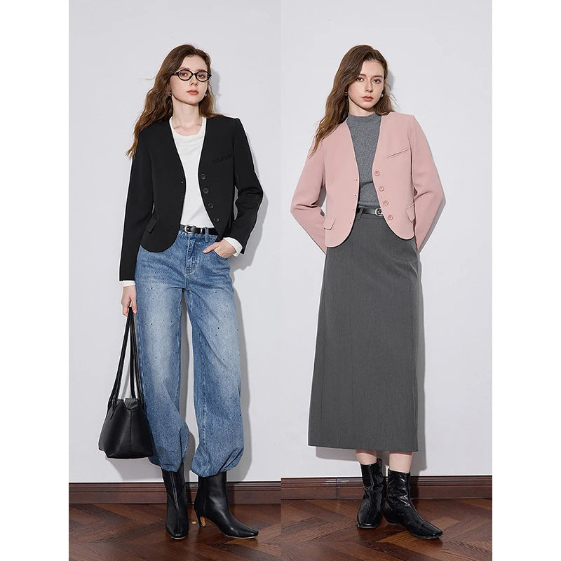 Blazer Feminino Curto com Decote V e Botão
