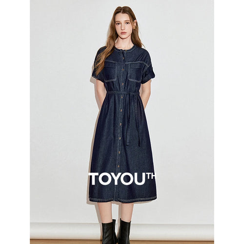 Vestido Jeans Midi Manga Curta com Amarração