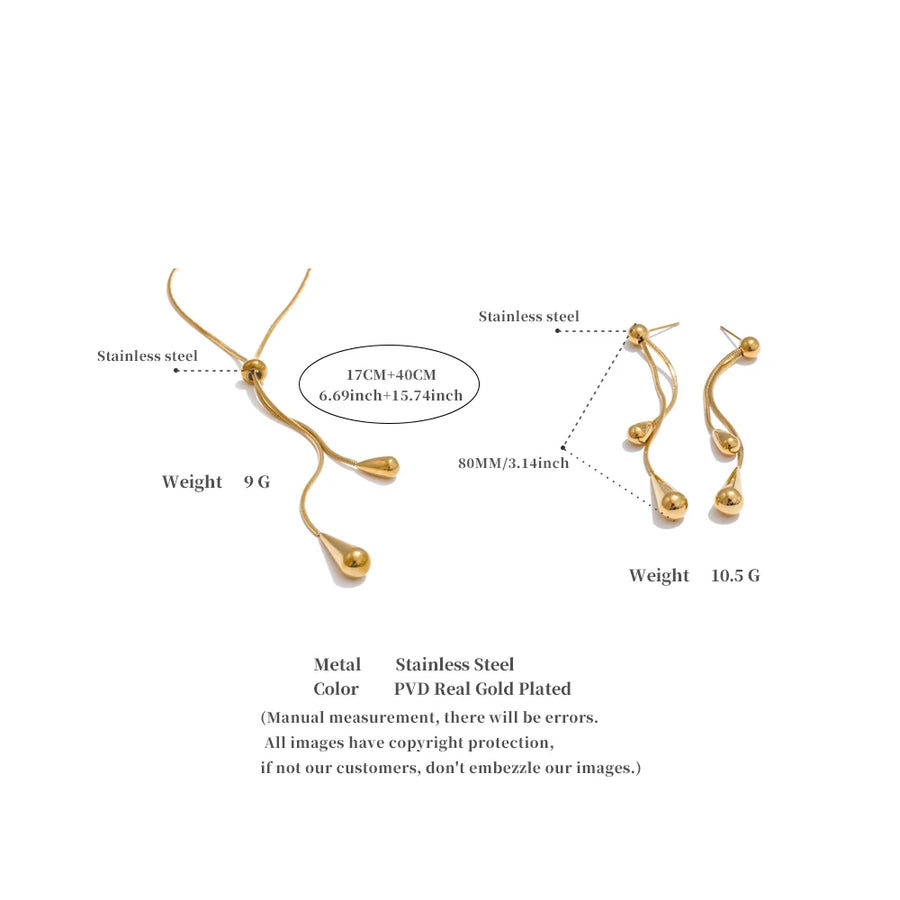 Yhpup Exquisite Stainless Steel Handmade Polished Chain Chest Necklace Water Drop Dangle Fashion Earrings Women Charm Jewelry
