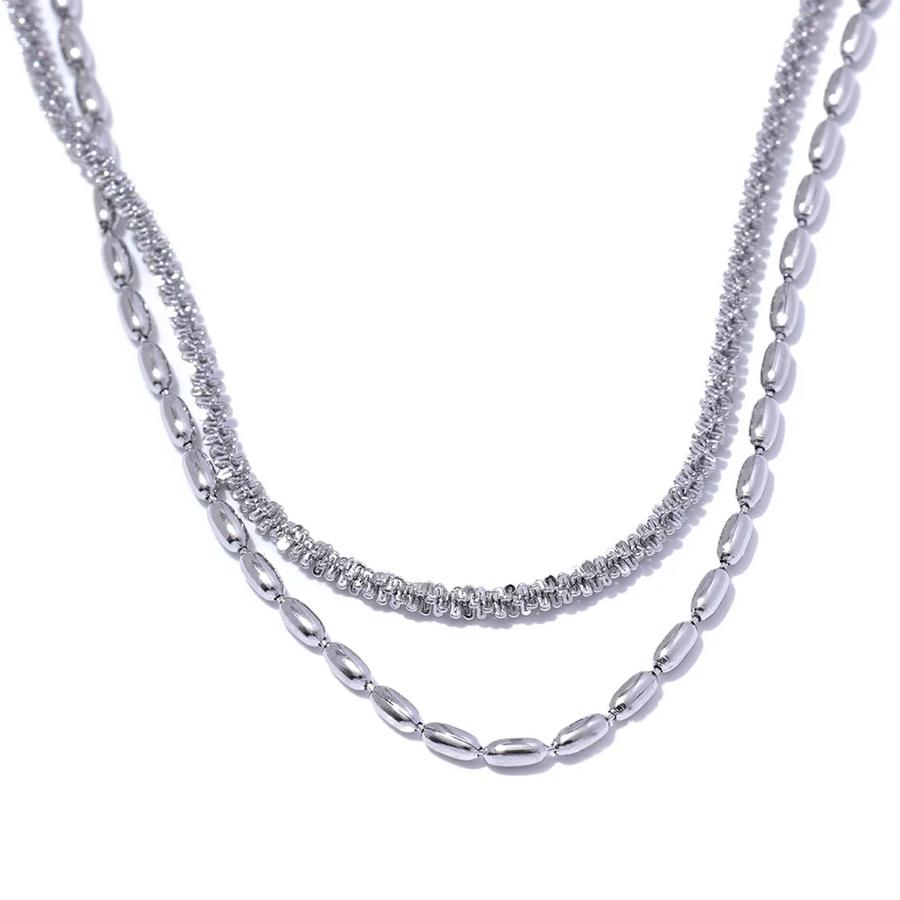 Yhpup Tarnish Resistant Stainless Steel Chic Beads Chain Double Layered Overlay Exquisite Necklace Collar Jewelry Wholesale Gift YH3288A Platinum