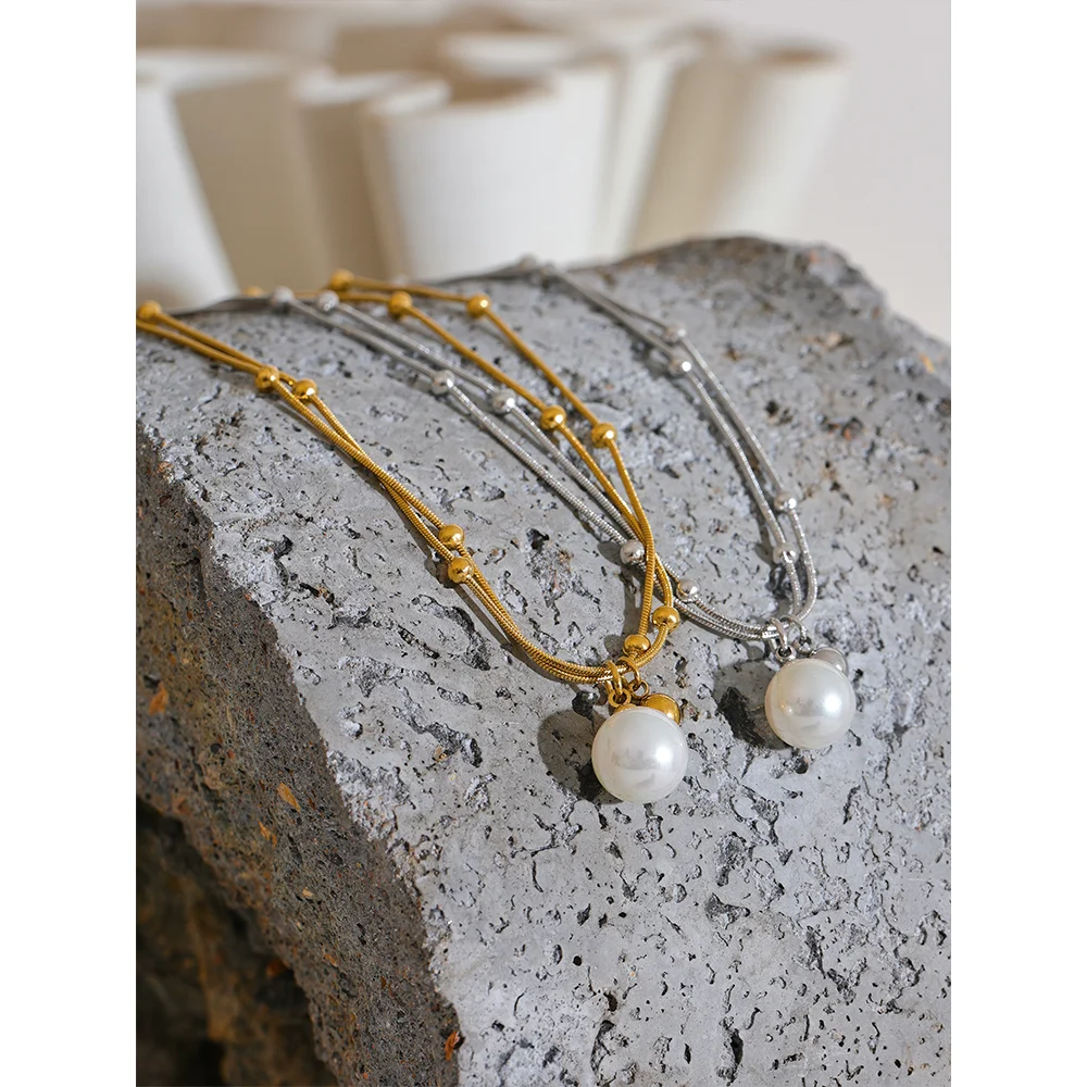 Colar Feminino Redondo com Pérola em Aço Inoxidável 7