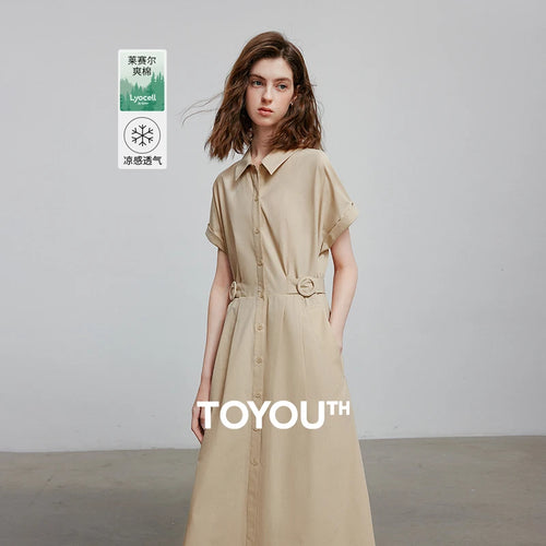 Vestido Chemise Midi em Liocel Manga Curta