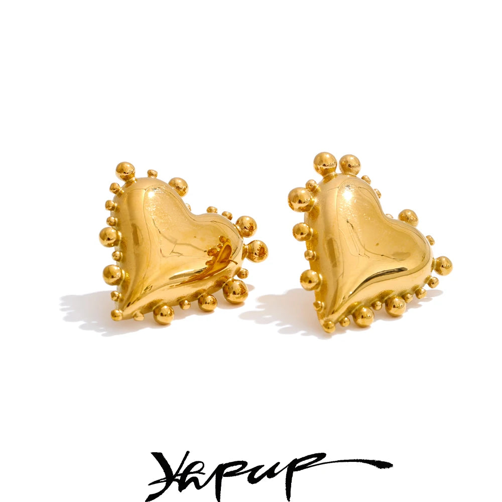 Yhpup Stainless Steel Metal Heart Love Stud Earrings Casting 18K Golden PVD Plated Fashion Romantic Statement Jewelry Accessory