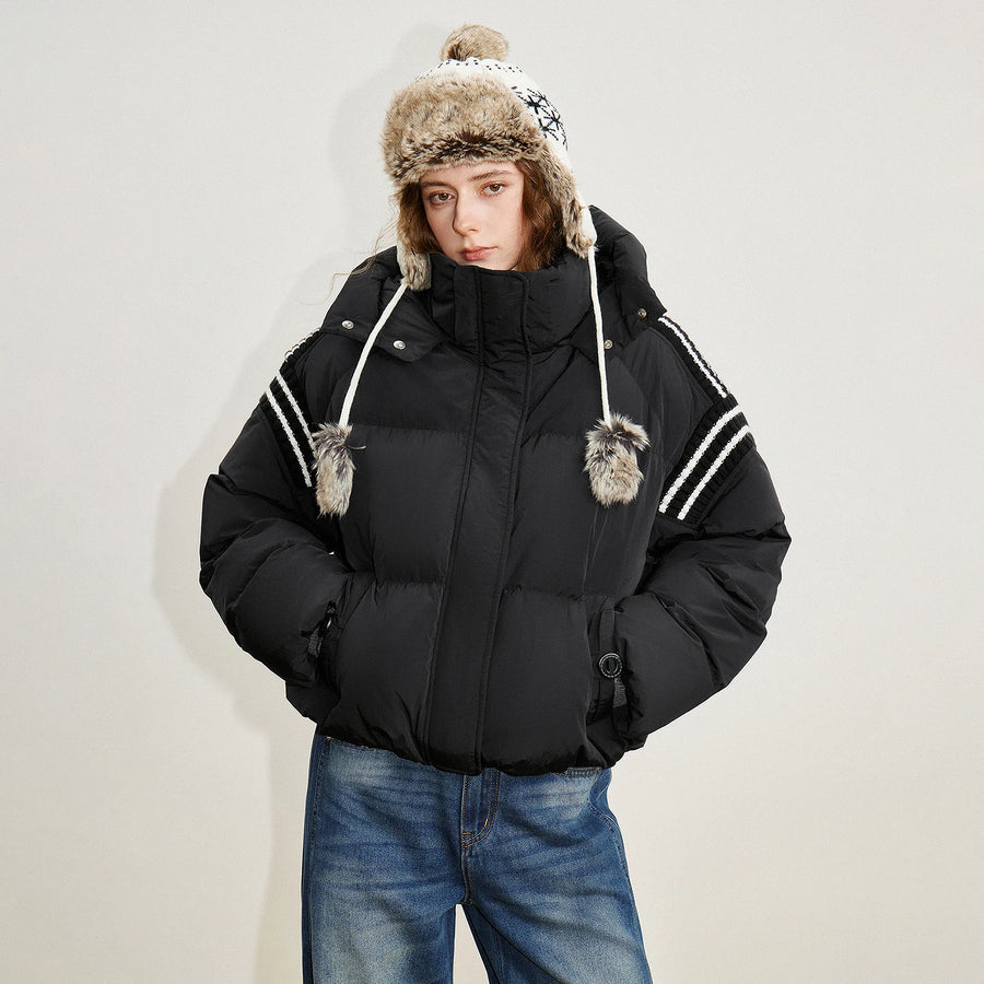 Jaqueta Puffer Feminina 90% Plumas com Capuz e Tricô
