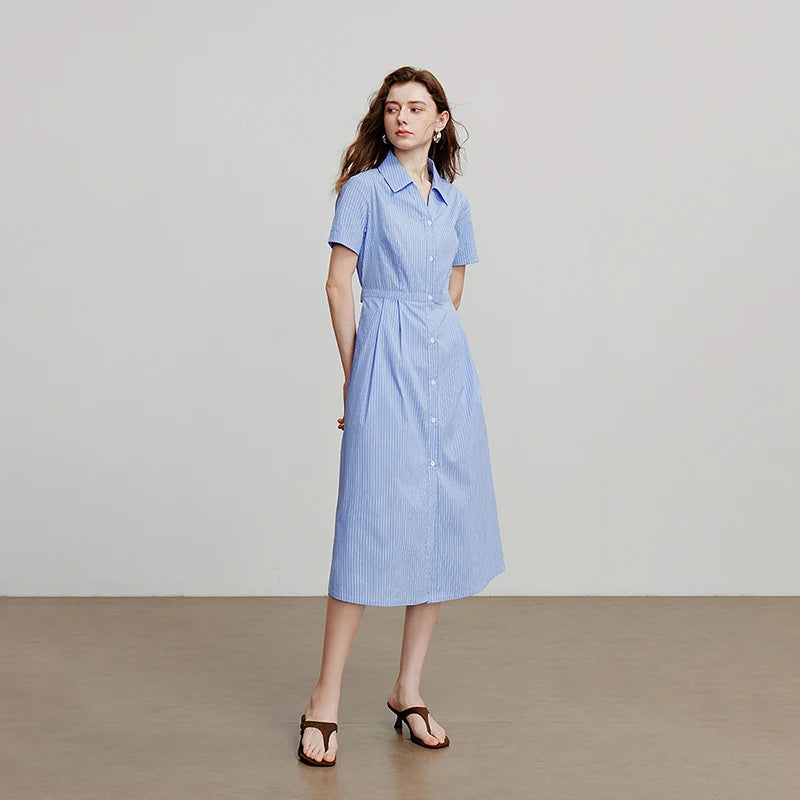 Vestido Chemise Midi Listrado Azul e Branco