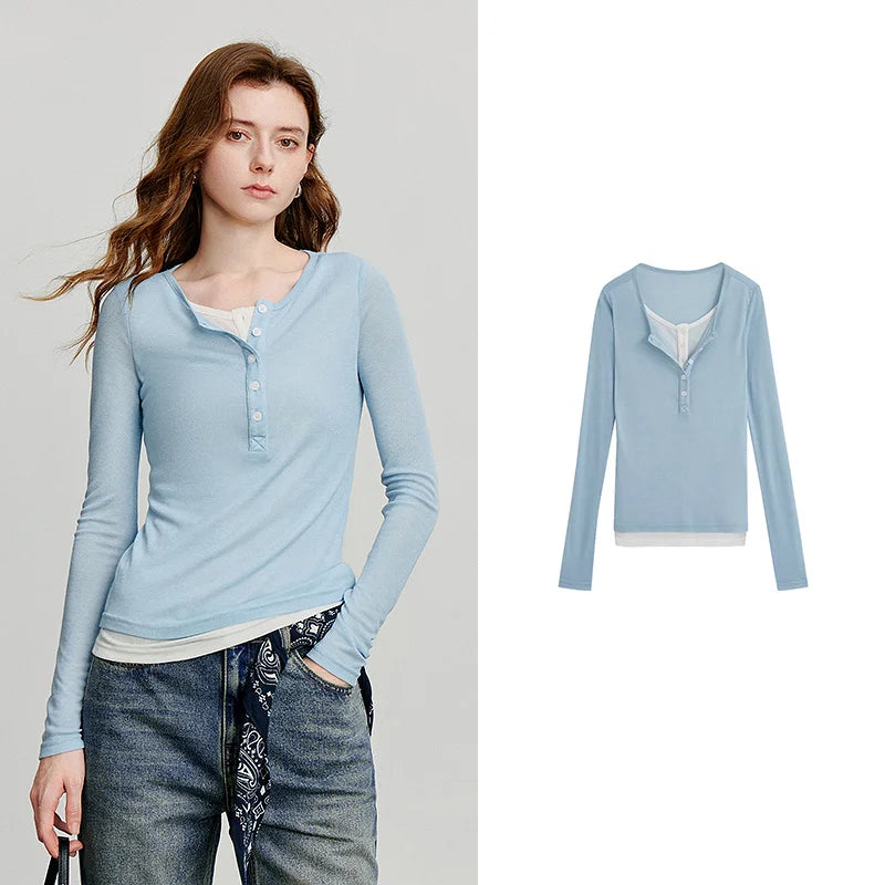 Blusa Feminina Leve Color Block Efeito Duas Peças