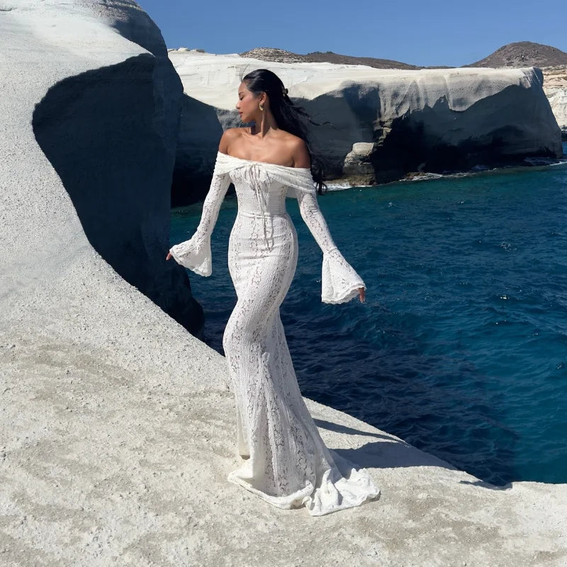 Women's Elegant Lace Up Flared Sleeve Long Dress Fashion Hollow Out Off Shoulder Bodycon Vestidos 2024 Lady New Beach Partywear