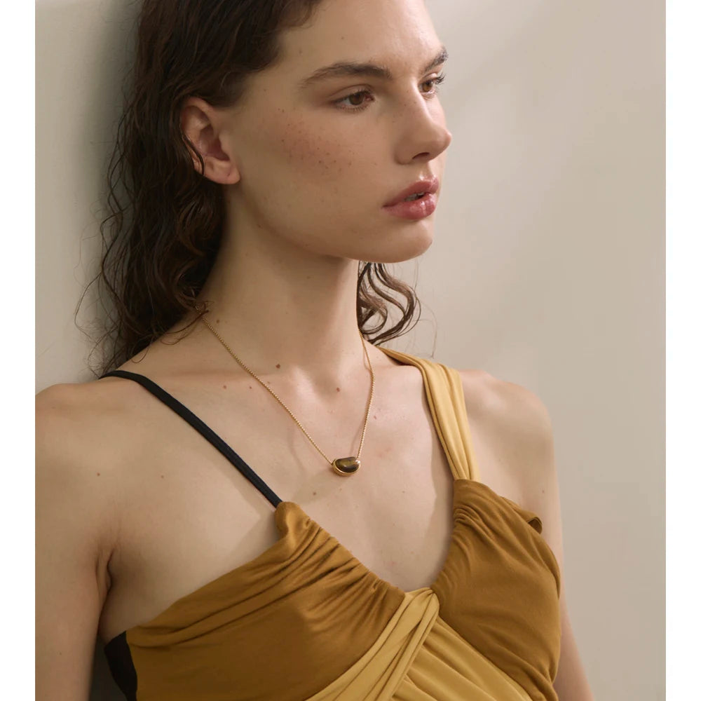 Yhpup Natural Tiger Stone Oval Pendant Necklace ( chain crossing pendant ) Stainless Steel Collar Jewelry Waterproof Wholesale