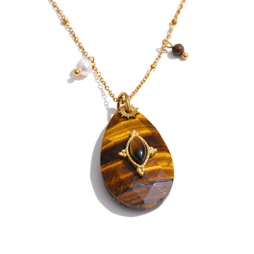 Yhpup 32mm Natural Stone Amazonite Tiger Aventurine Amethyst Drop Pendant Necklace for Women Stainless Steel France Jewelry Gift Tiger Stone