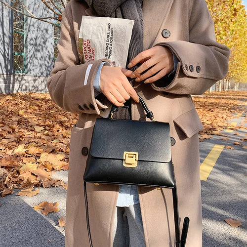 Bolsa Transversal Feminina de Couro PU Vintage com Fecho Dourado