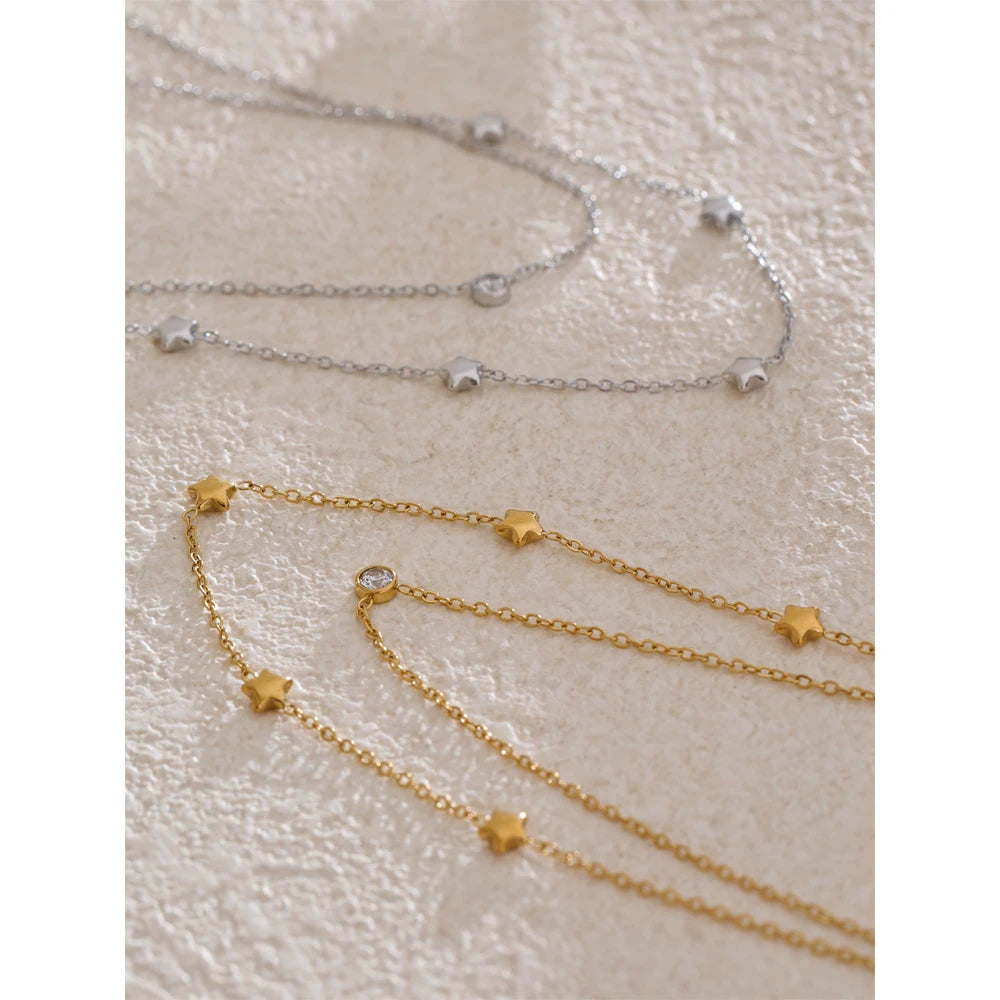 Colar Feminino de Camadas Estrela com Zircônia em Aço Inoxidável
