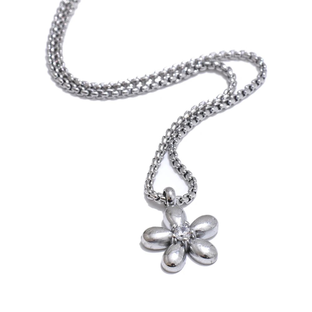 Yhpup Hot Style Stainless Steel Zirconia Flower Pendant Necklace Bracelet Bangle Earrings 18K Plated Golden Versatile Jewelry YH5518A P-Necklace