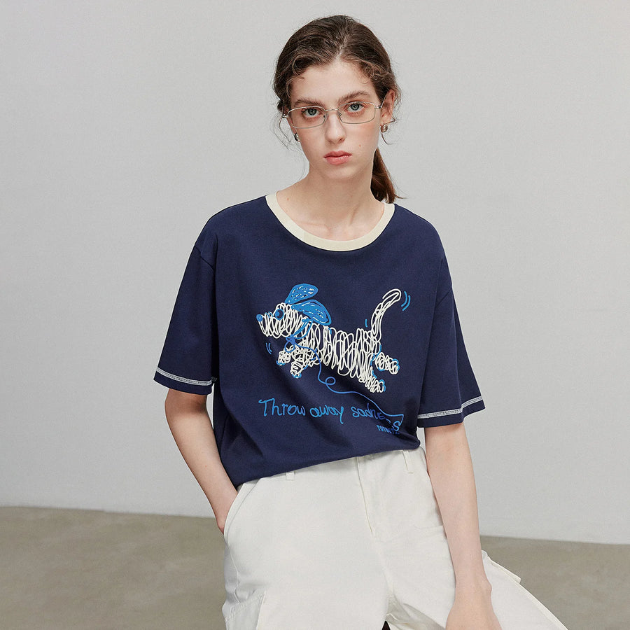 Camiseta Feminina 100% Algodão com Estampa Cachorro Cartoon