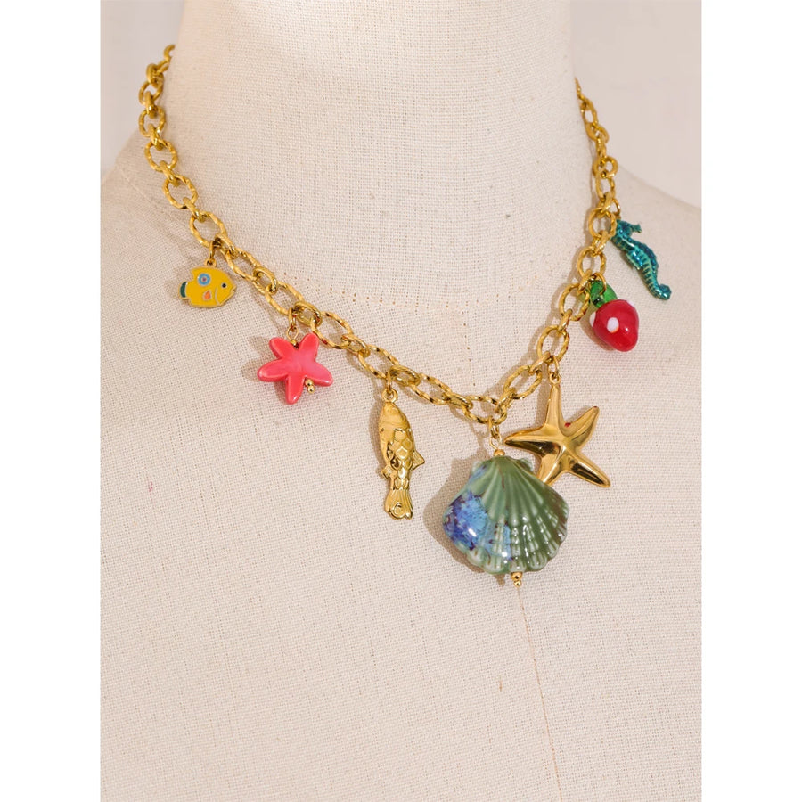 Yhpup 2025 Ocean Style Summer Enamel Ceramic Shell Starfish Pendant Necklace Fashion Trendy Stainless Steel Vacation Jewelry