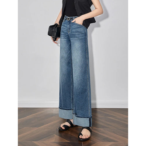 Calça Jeans Feminina Wide Leg com Barra Dobrada