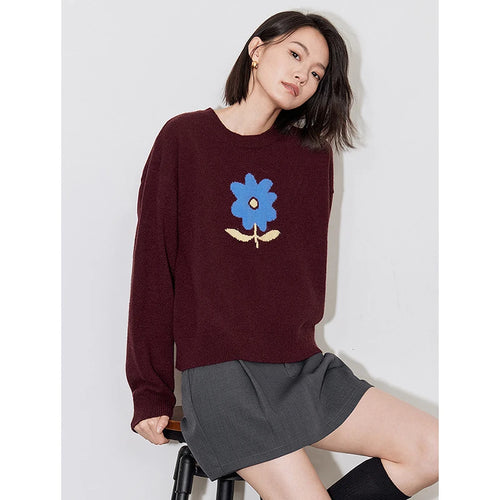 Suéter Feminino Floral Jacquard Grosso para Inverno