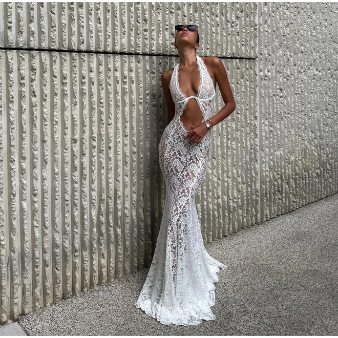 Women's Elegant Lace Up Flared Sleeve Long Dress Fashion Hollow Out Off Shoulder Bodycon Vestidos 2024 Lady New Beach Partywear