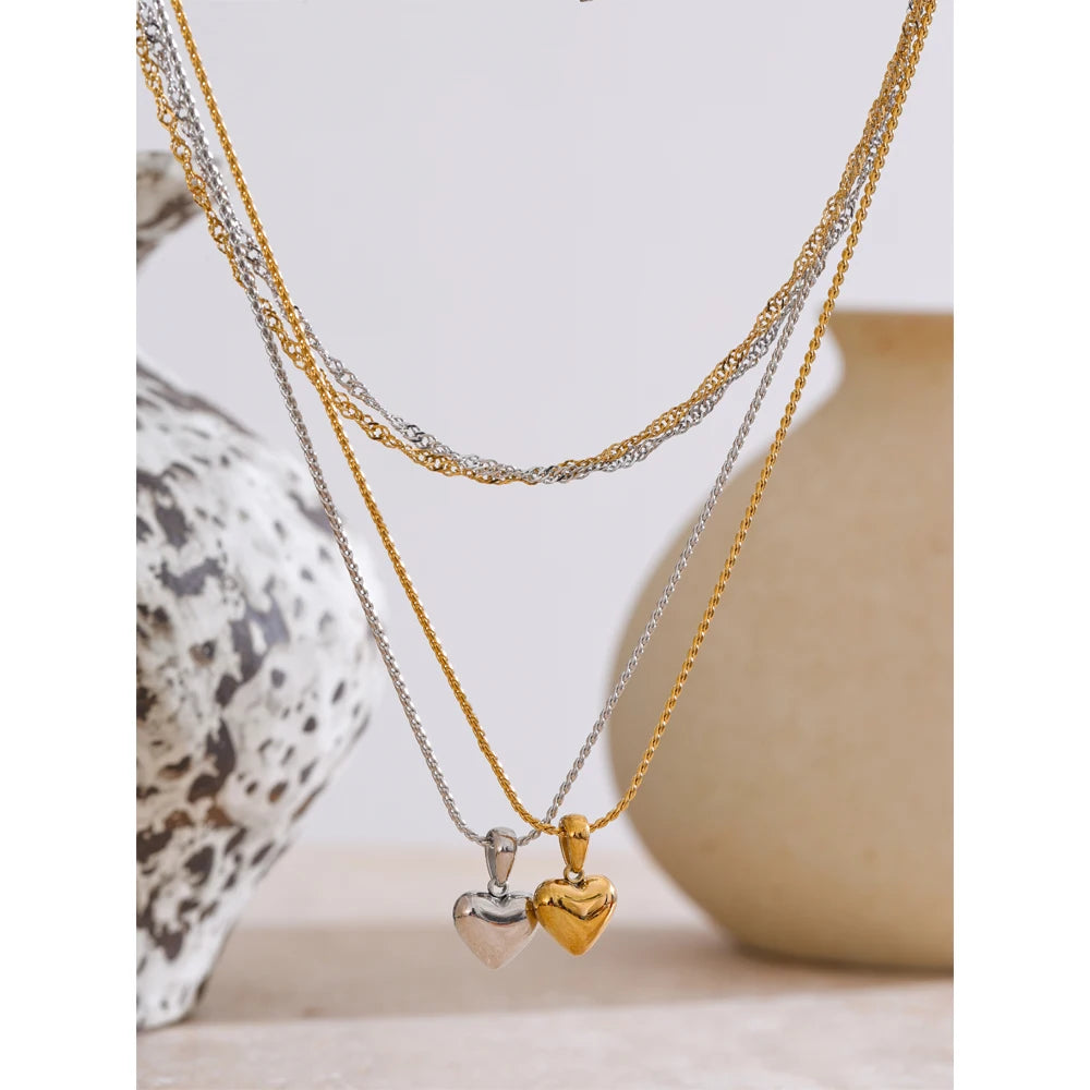 Colar Feminino de Camadas Coração em Aço Inoxidável 2