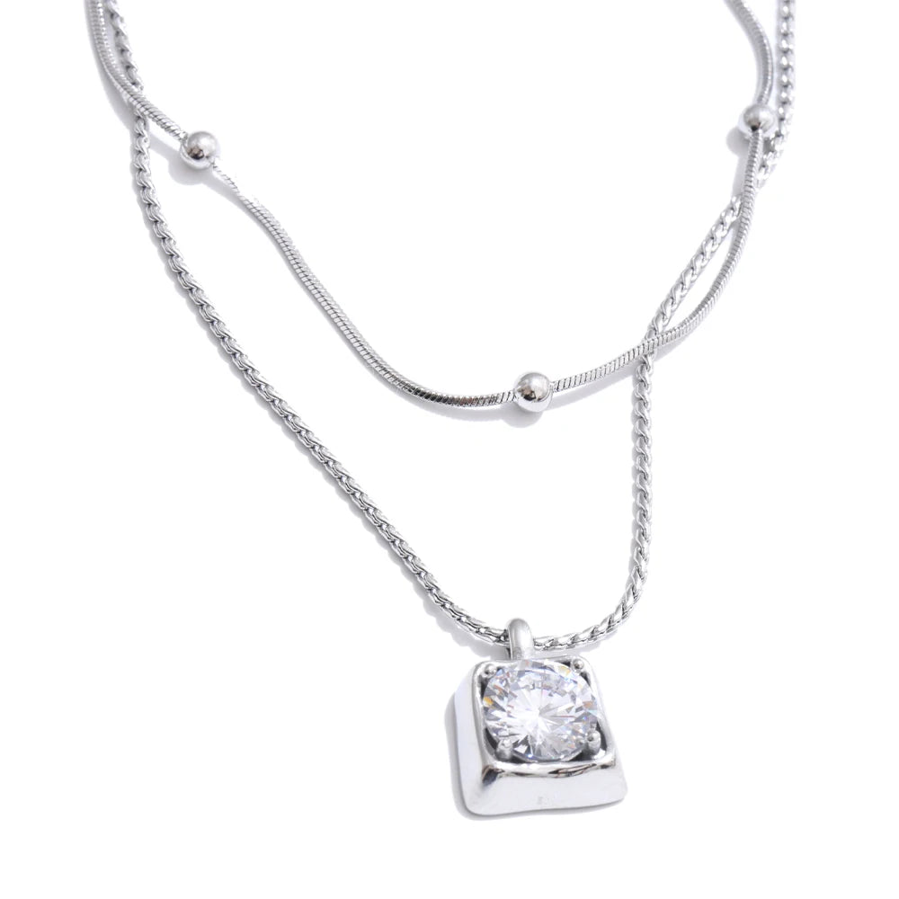 Colar Feminino de Camadas Gota com Zircônia em Aço Inoxidável 5 YH189A Platinum