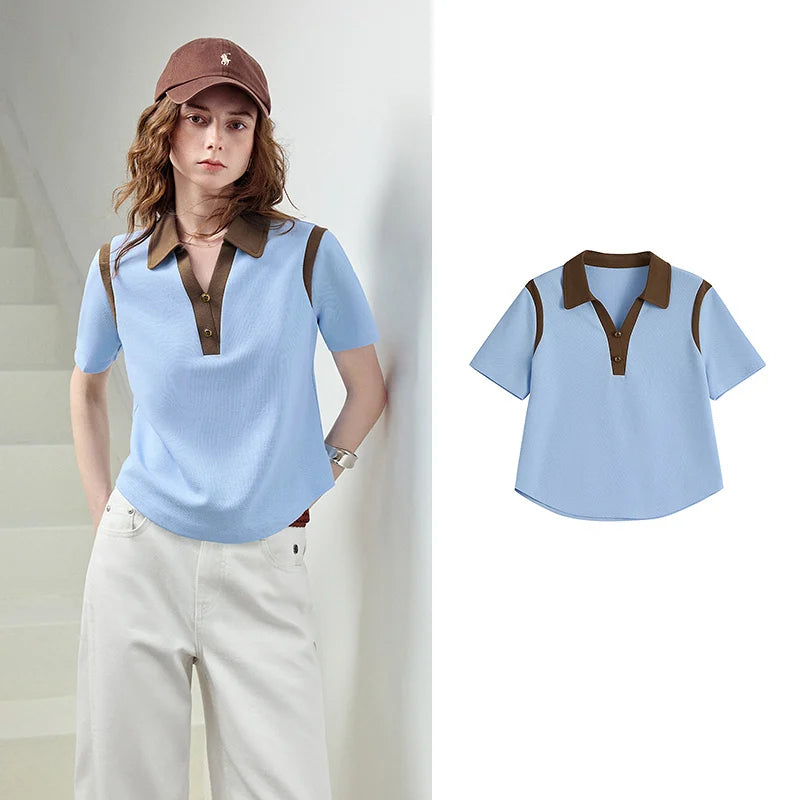 Camiseta Polo Feminina Color Block de Algodão Piquet