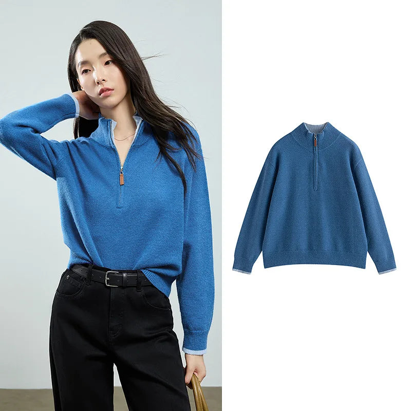 Suéter Feminino Color Block com Zíper e Gola Alta