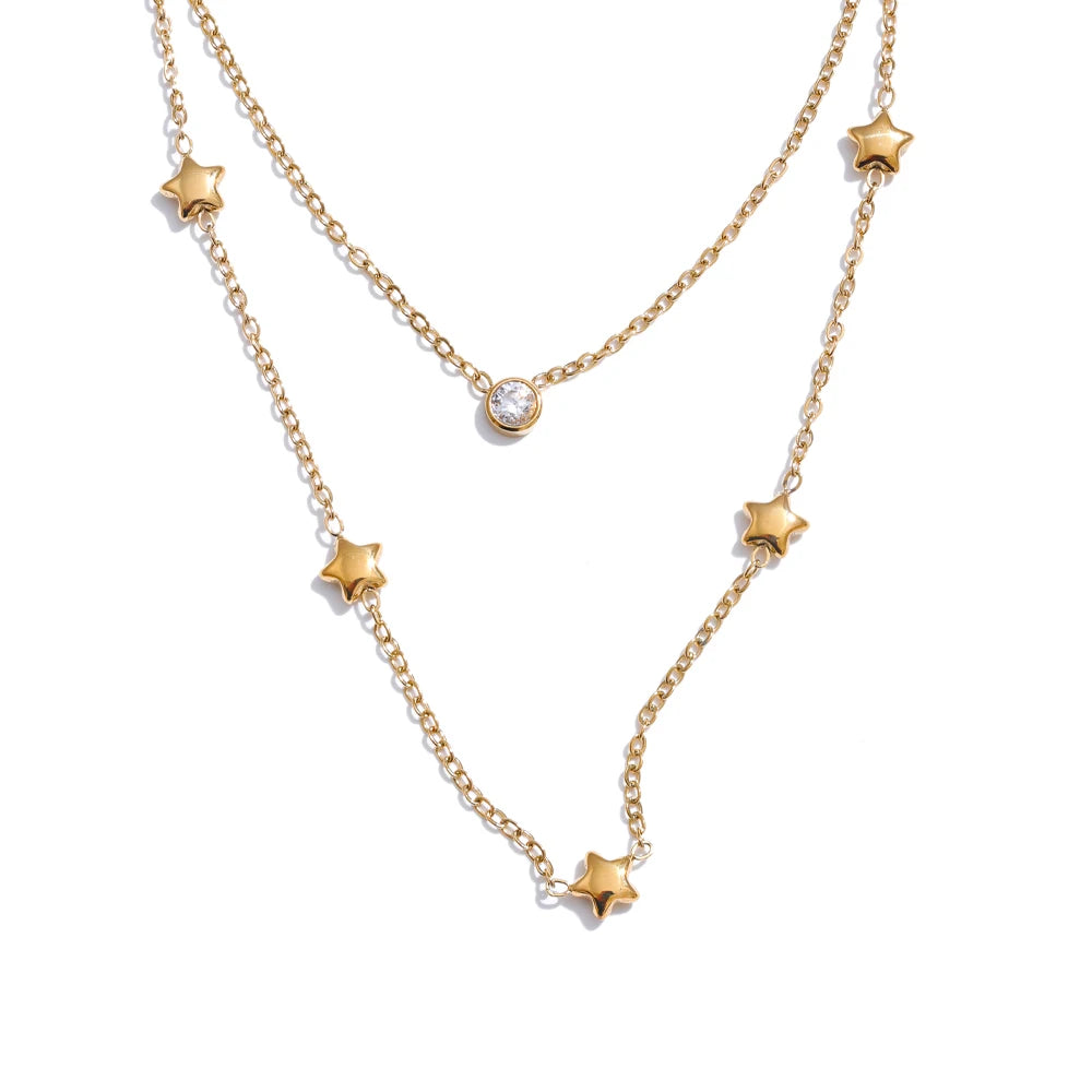 Colar Feminino de Camadas Estrela com Zircônia em Aço Inoxidável YH1189A Gold