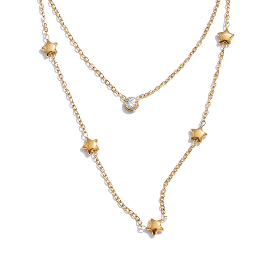 Colar Feminino de Camadas Estrela com Zircônia em Aço Inoxidável YH1189A Gold