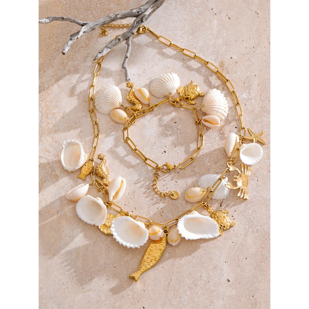 Yhpup Ocean Style Shell Conch Fish Pendant Charm Necklace Summer Stainless Steel Holiday Beach Wear Handmade Jewelry Waterproof