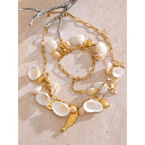 Yhpup Ocean Style Shell Conch Fish Pendant Charm Necklace Summer Stainless Steel Holiday Beach Wear Handmade Jewelry Waterproof